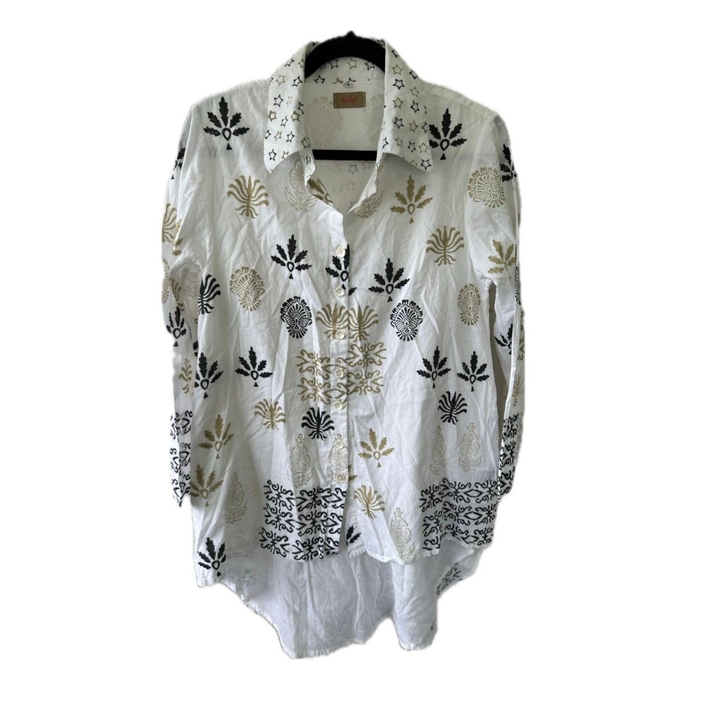 Tulip Cotton Artsy Batik Tribal Print Grayson Oversize Button Down Hi Lo Shirt S